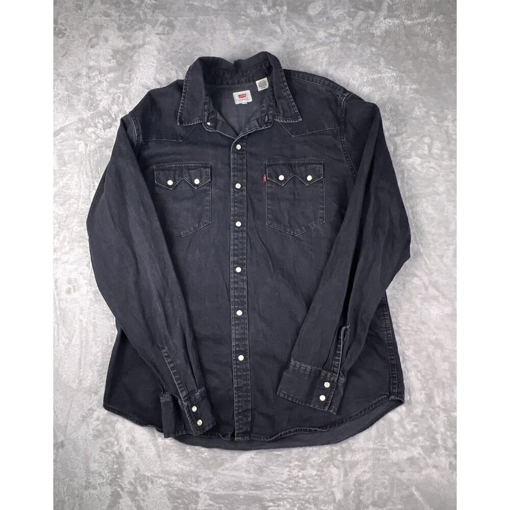 Levi’s Barstow Denim Western Shirt Mens Large Faded Black Pearl Snap Button L